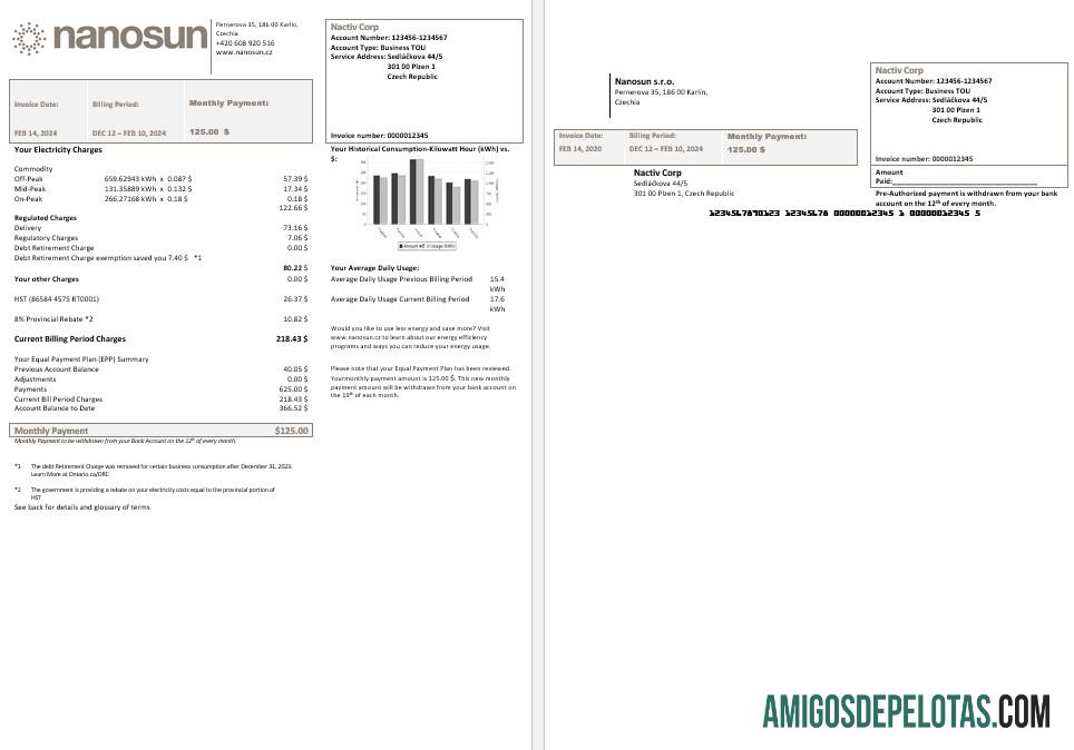 Em branco modelo de conta de serviços públicos Nanosun Sro da República Tcheca em formato Word em PDF